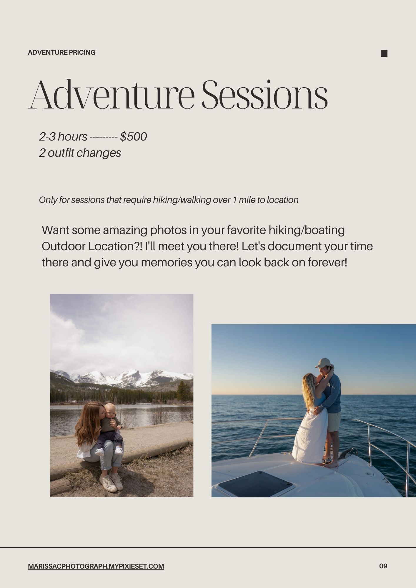 Adventure photography pricing sheet showcasing two scenic outdoor photoshoot examples featuring couples in nature and on a boat.