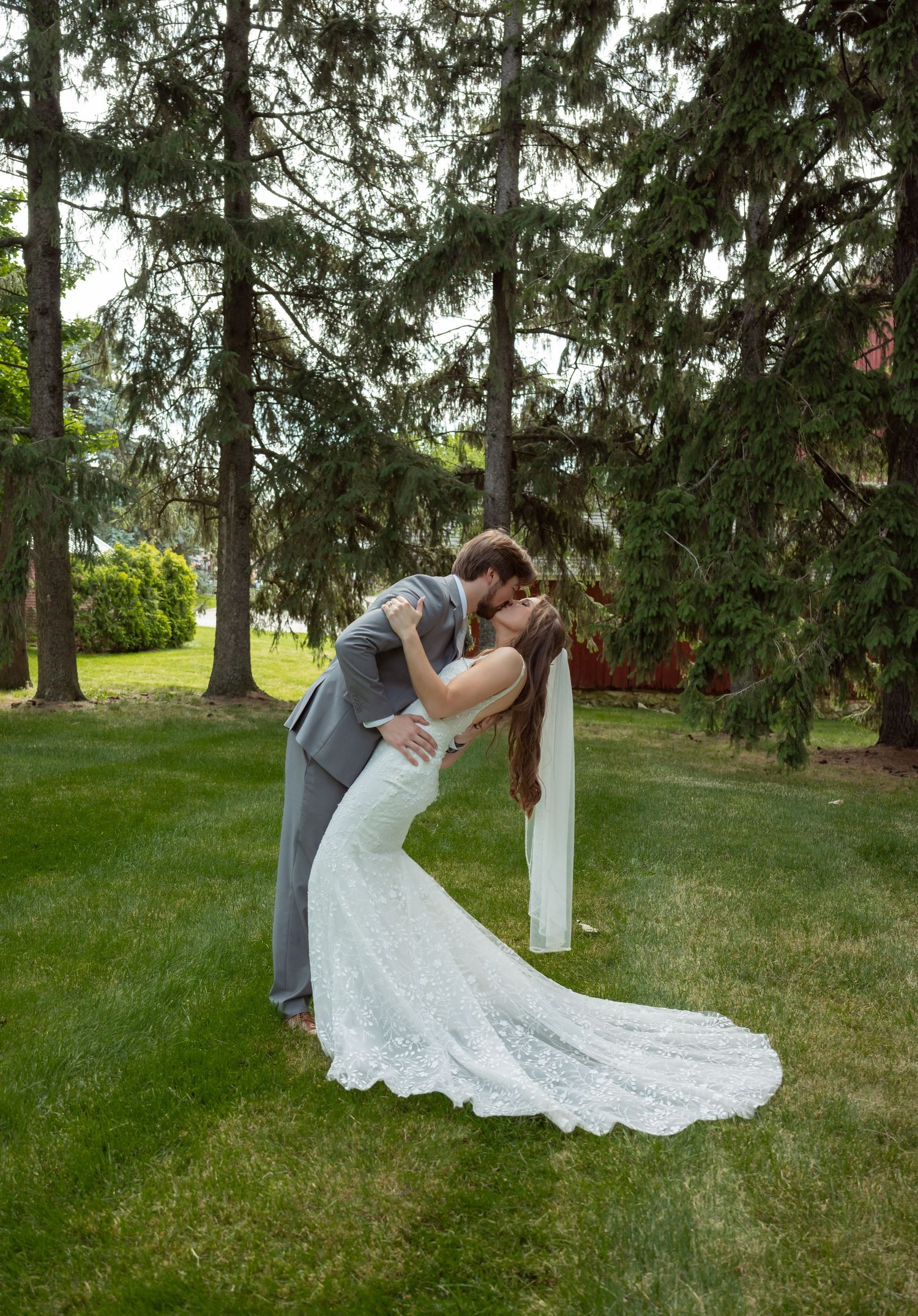 A romantic wedding scene with a couple embracing under tall evergreen trees on a lush green lawn.