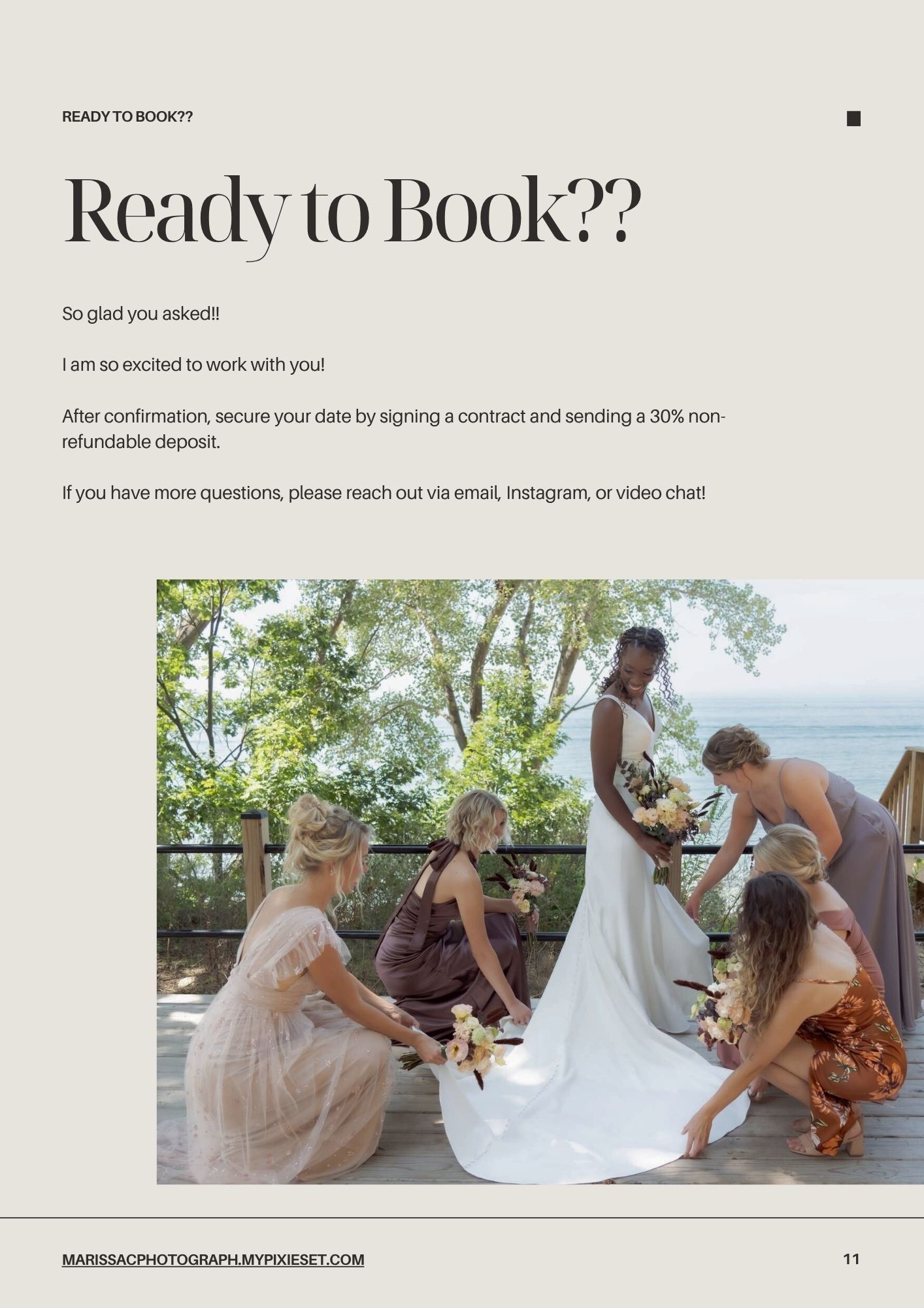 Photography booking information page showing details on securing sessions with a sample wedding preparation scene.