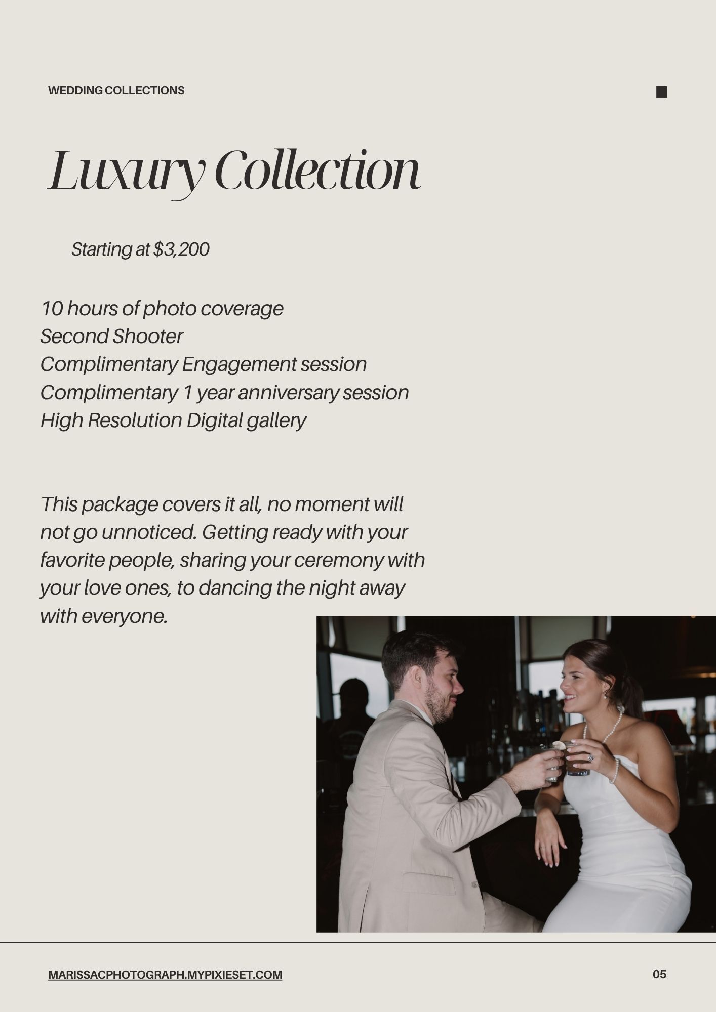 Wedding photography package marketing page showing black and white dance photos and luxury collection details.