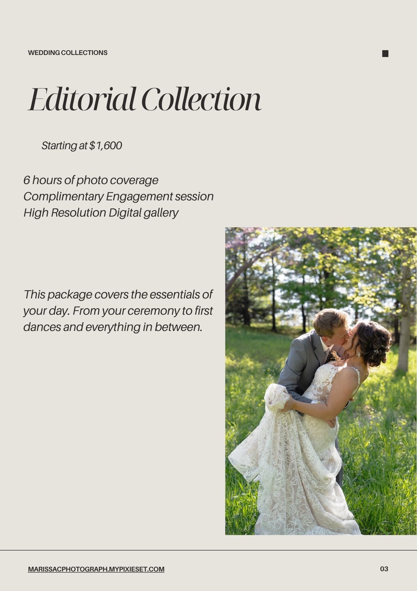 Wedding photography pricing page displaying editorial collection package details with outdoor photography scene.