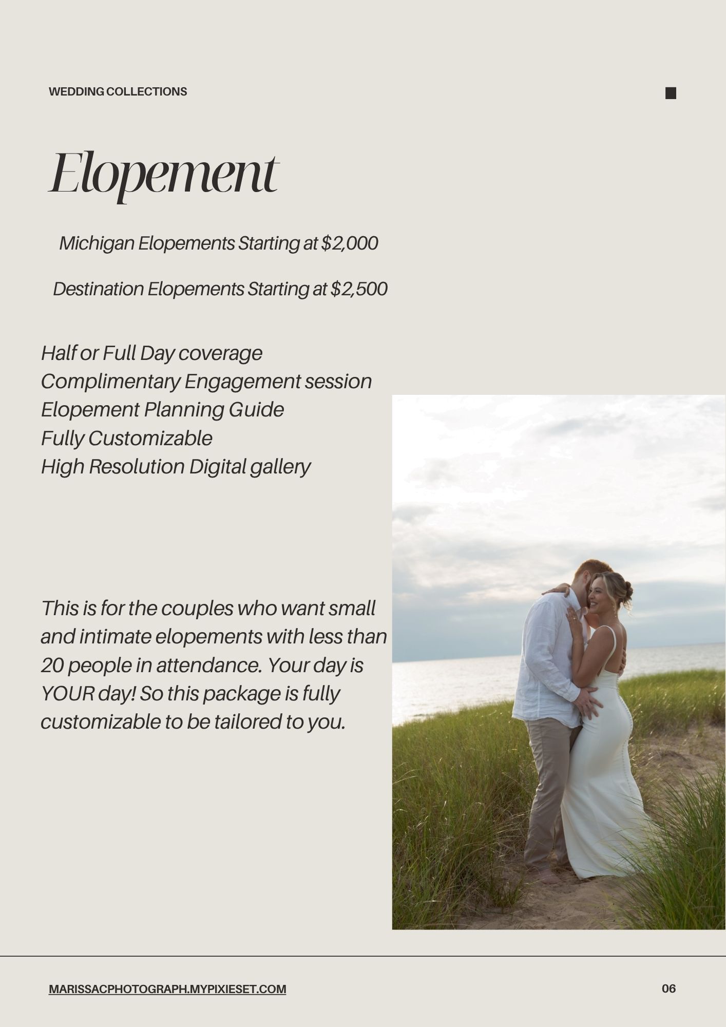 Marketing page for elopement photography package with couple embracing on mountainside against cloudy sky.