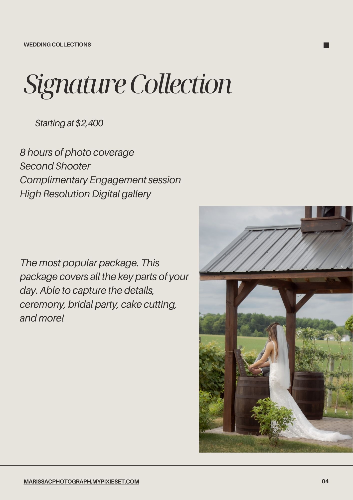 Wedding photography pricing page showing signature collection package details with outdoor gazebo ceremony scene.