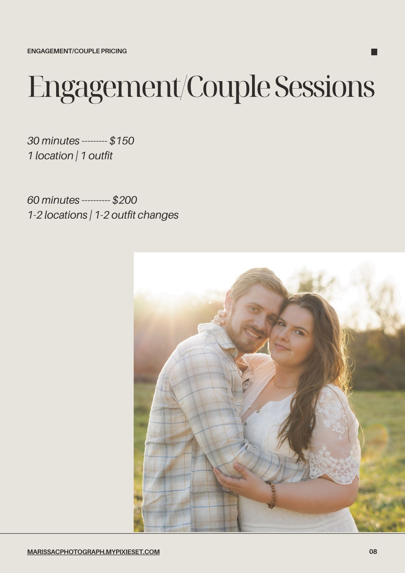 Professionally designed white photography pricing menu page showcasing engagement session packages and sample images.