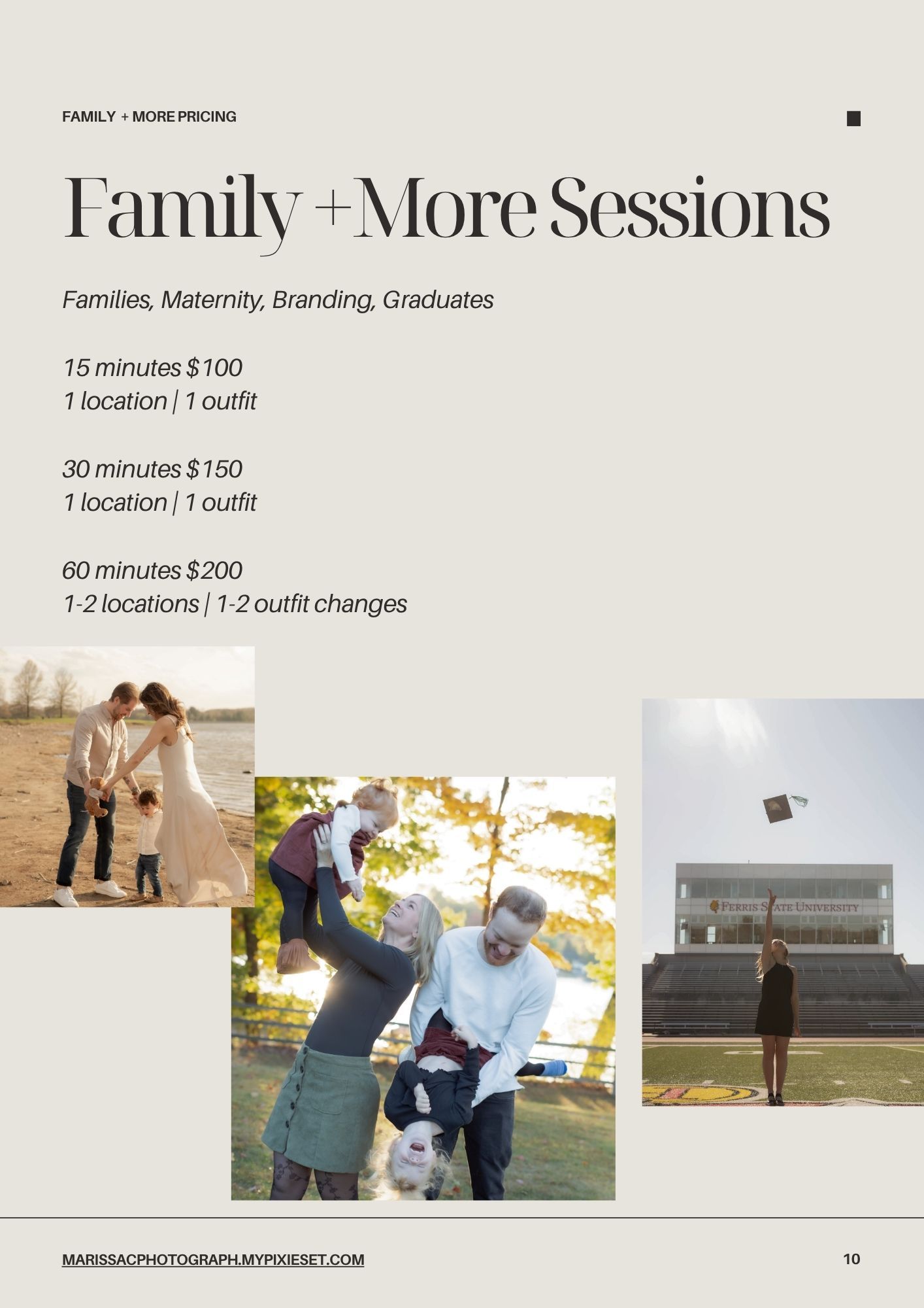 Photography pricing page showing family session packages with sample images and pricing tiers from 15-60 minutes.