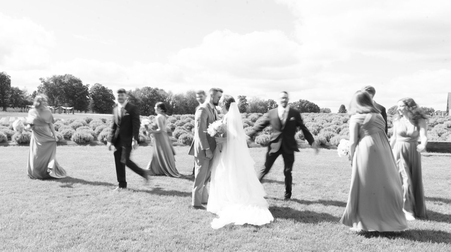 A wedding party performs an enthusiastic dance line on a grassy field in black and white photography.