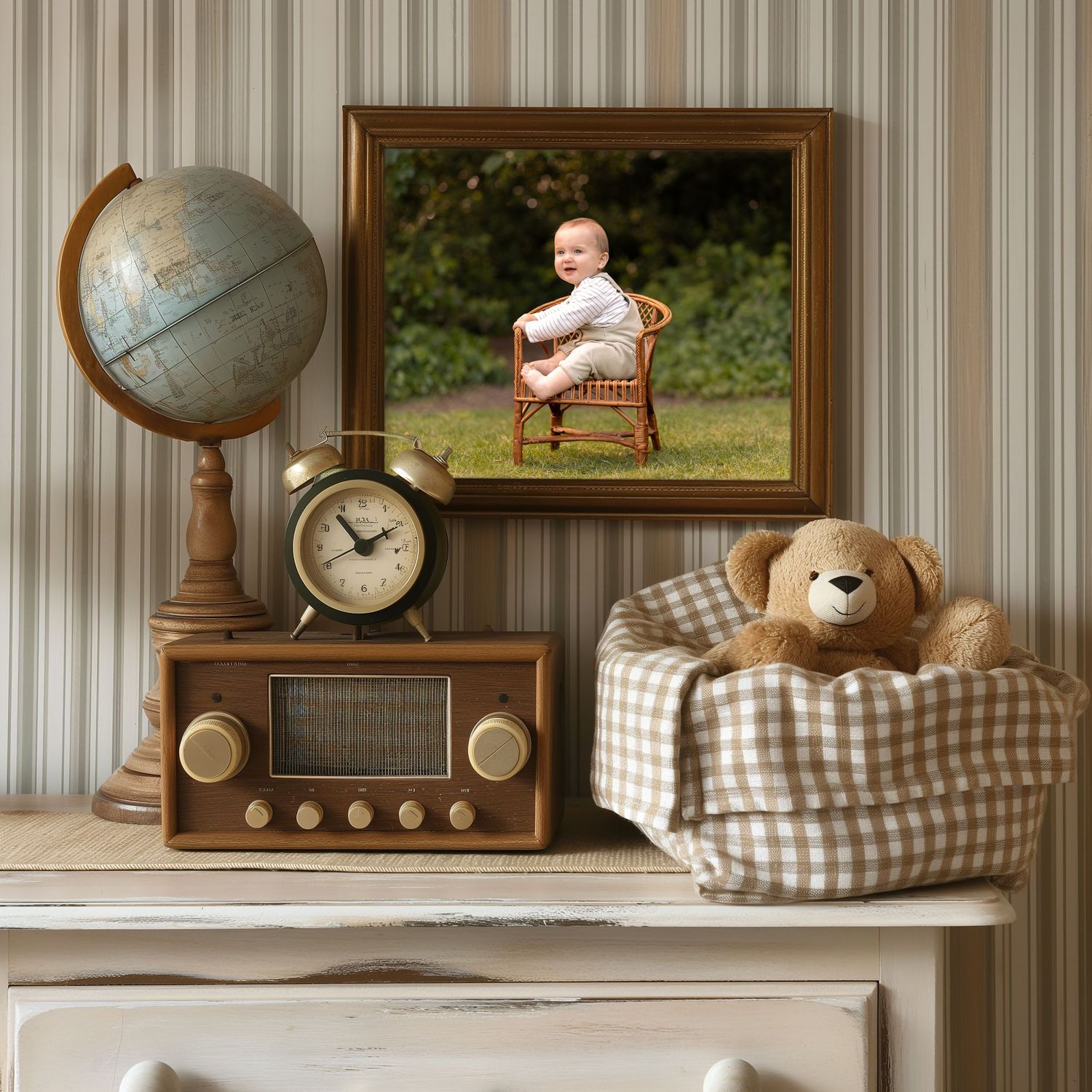 Vintage nursery dresser with globe, alarm clock, retro radio, teddy bear in basket, and framed baby portrait on striped wall in Lincolnshire