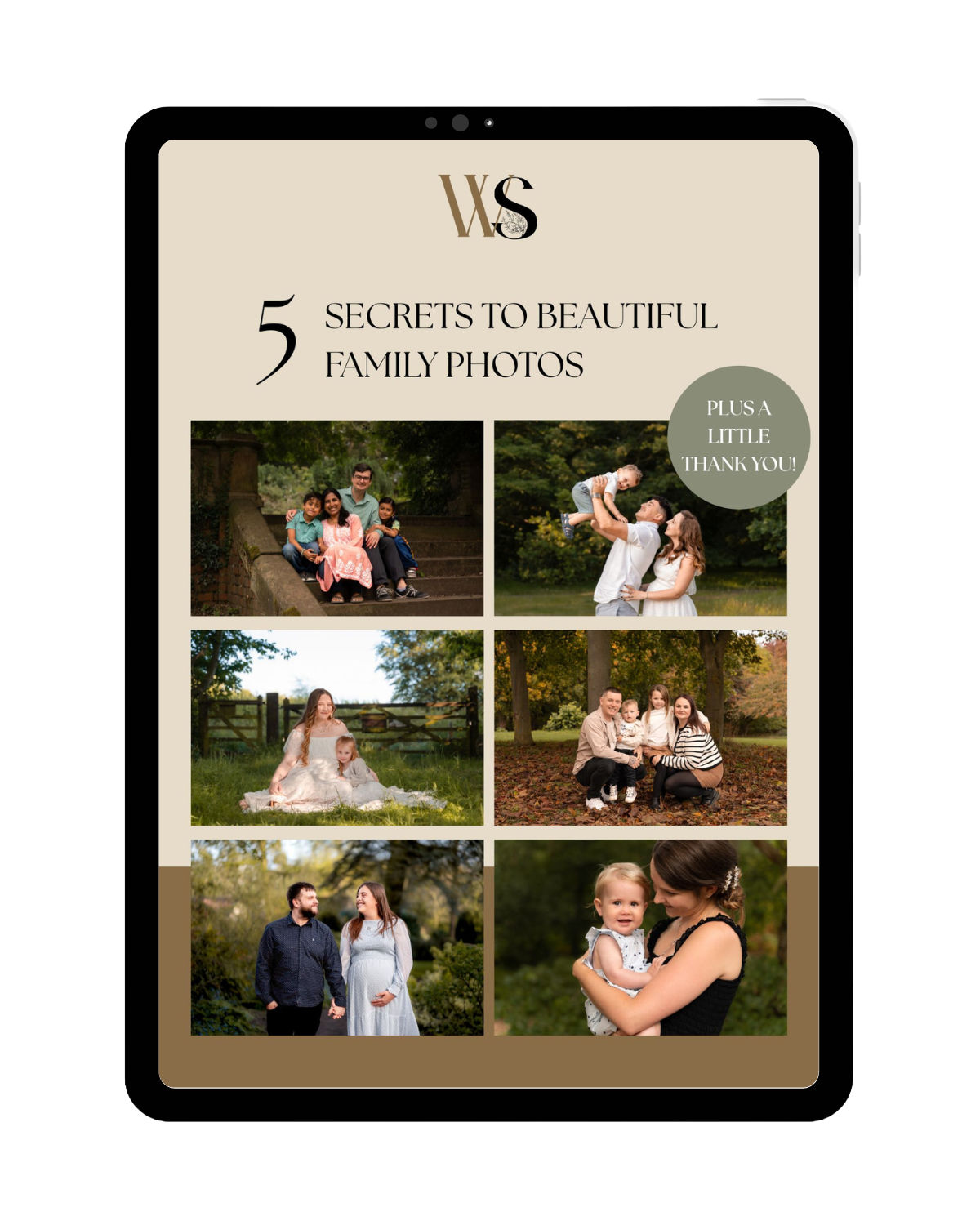 A collection of outdoor family portraits displayed on a digital tablet with a dark border and text overlay.