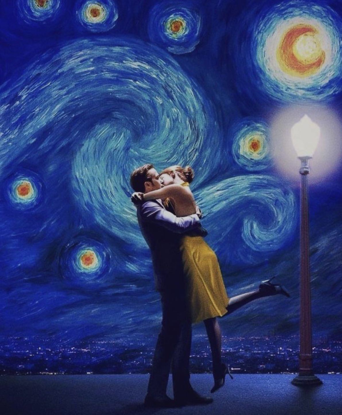 Romantic couple embracing under a swirling starry night sky inspired by Van Gogh's iconic painting style next to a lamppost.
