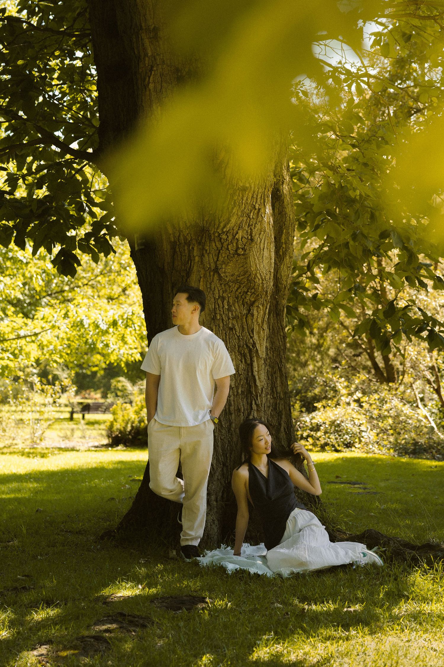 Two people relax under a large tree on a sunny summer day in a peaceful garden setting.