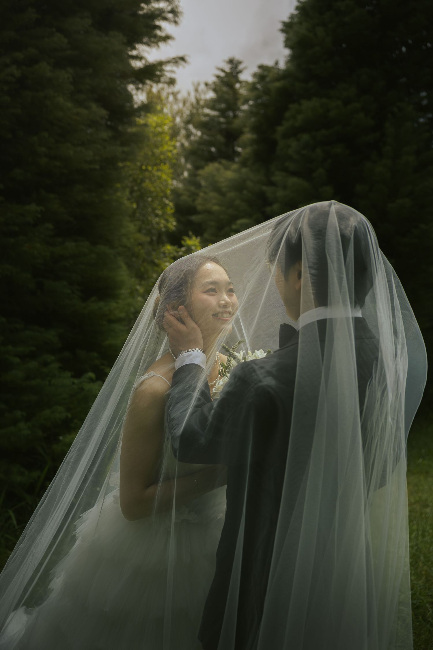 A flowing white wedding veil creates ethereal silhouettes against a backdrop of evergreen trees.