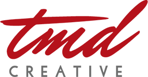 Red and white creative design logo with stylized text and swooping line elements.