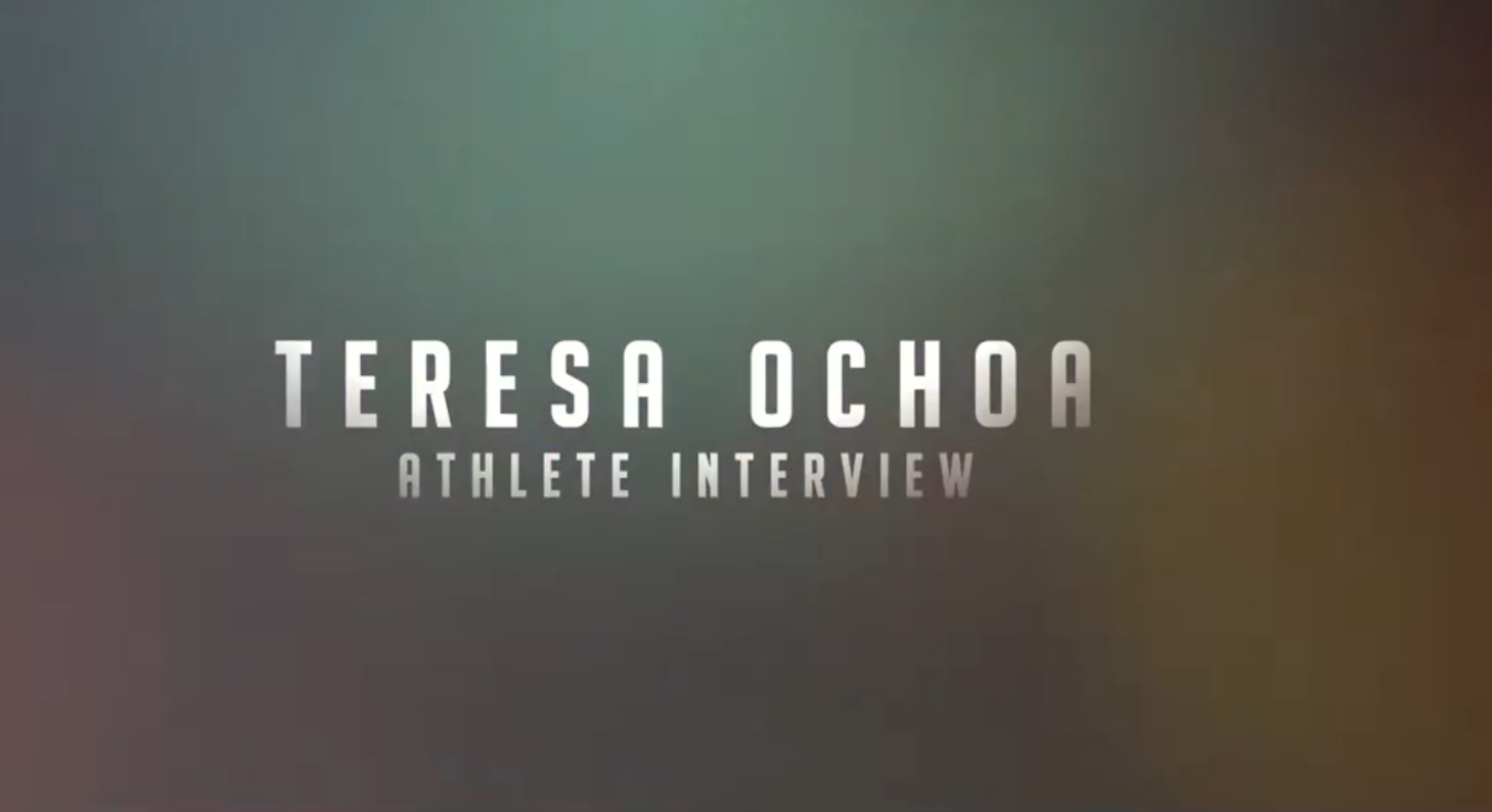 Title card for an athlete interview with blurred background.