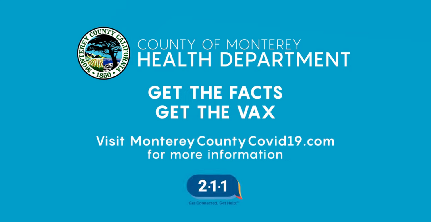 Monterey County Health Department COVID-19 vaccine information graphic with blue background.