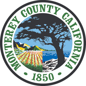 Row of oval county seals featuring rural landscapes with trees, fields, and mountains in green and blue colors.