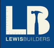 White and blue Lewis Builders logo design on dark blue background.