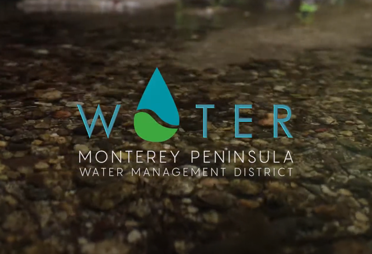 Monterey Peninsula Water Management District logo with blue water drop and text on dark background.