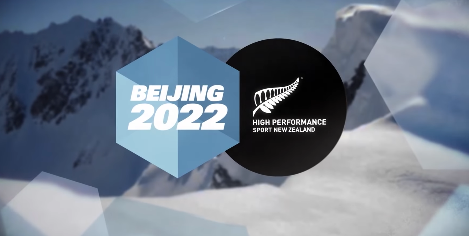 Beijing 2022 Winter Olympics logo alongside High Performance Sport New Zealand emblem on snowy mountain backdrop.