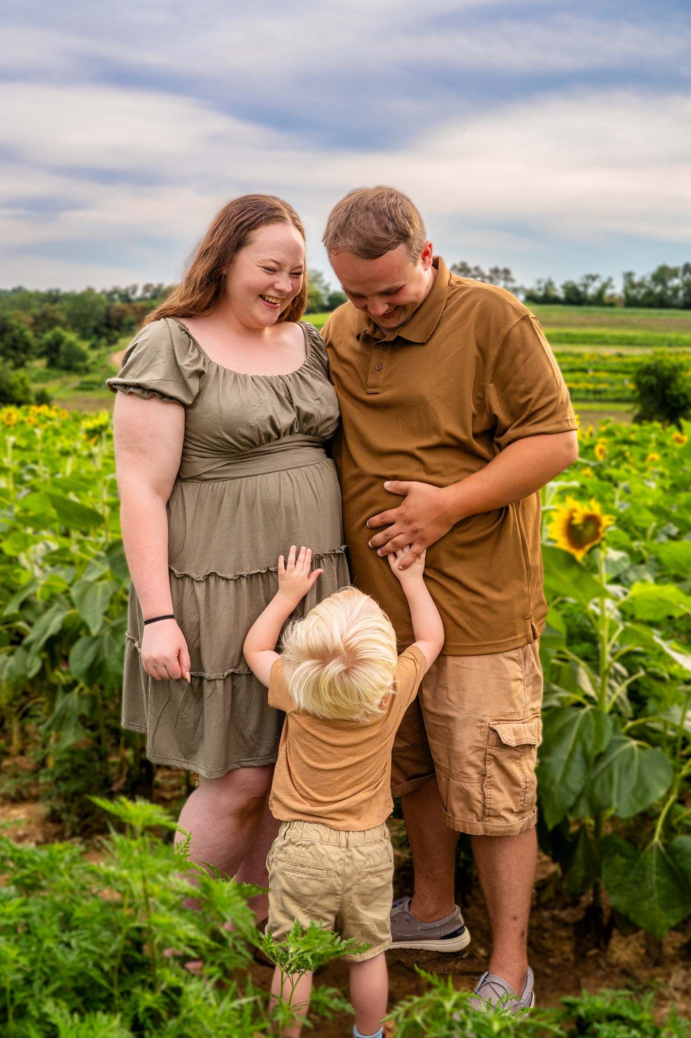 Happy expecting family with toddler son touching mothers pregnant belly in a sunflower field.