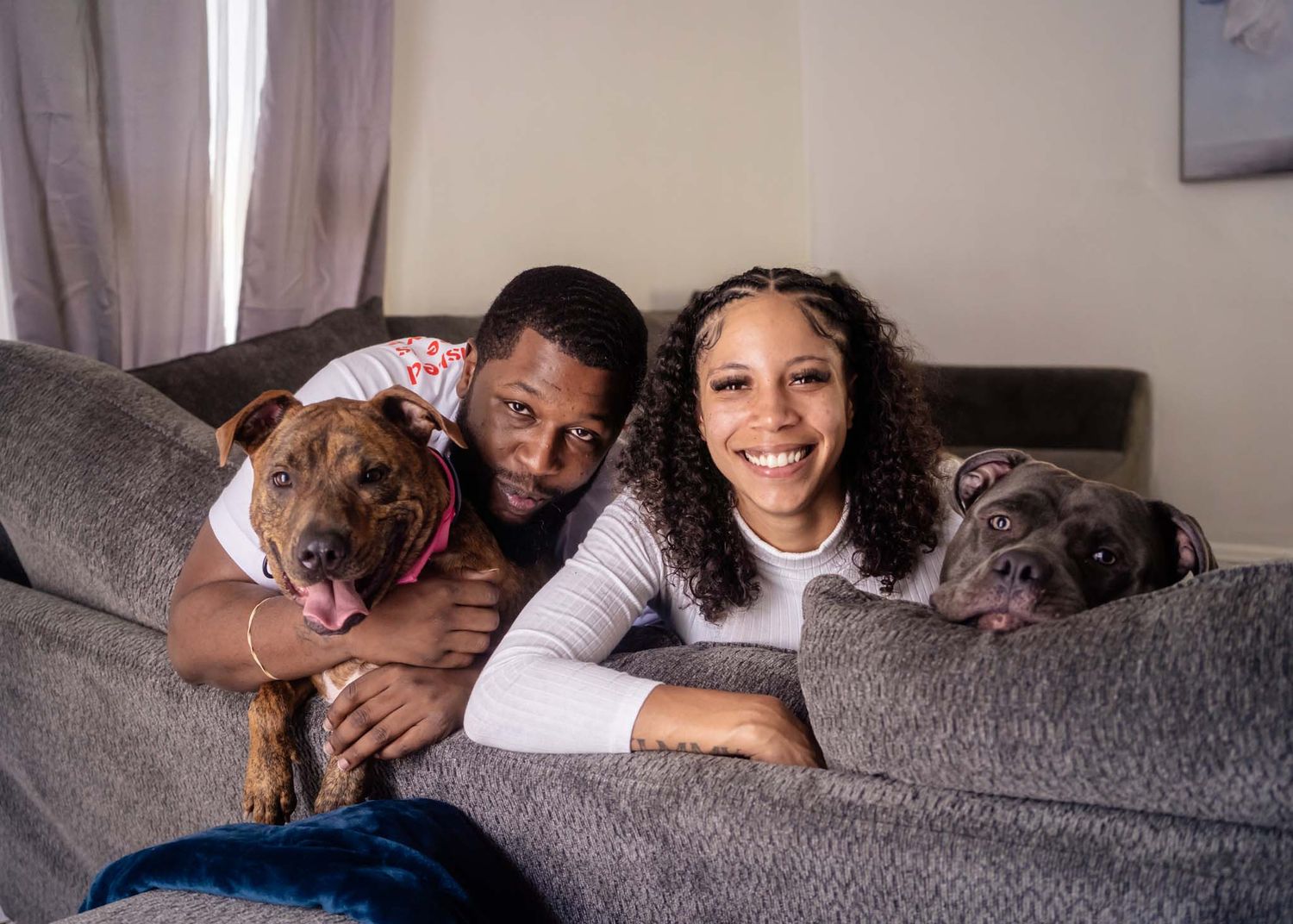 Joyful couple lying on gray sofa with two happy pit bull dogs in a bright living room.