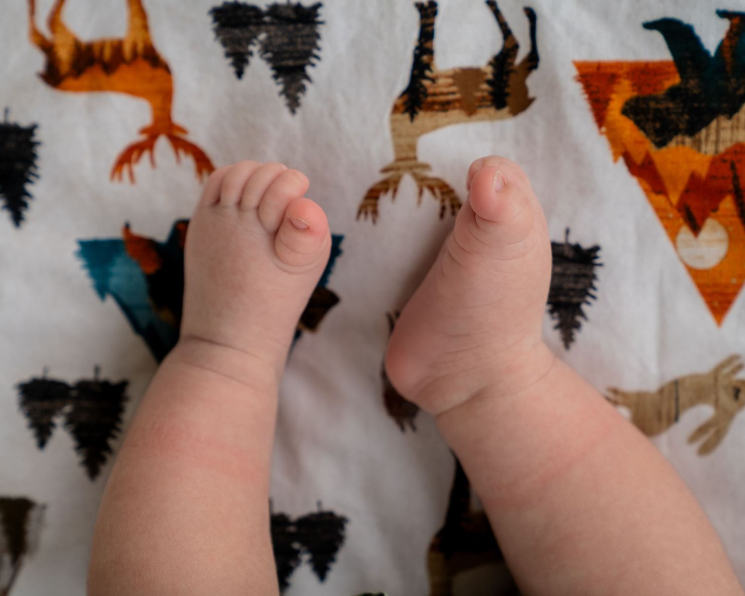 Close-up of chubby baby feet resting on a colorful animal print blanket with dinosaurs and bears.