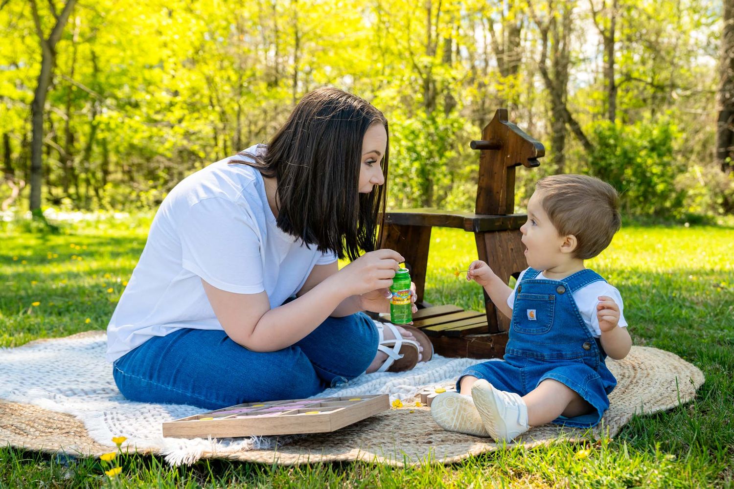A mother blowing bubbles with her toddler son on a blanket in a sunny green park.