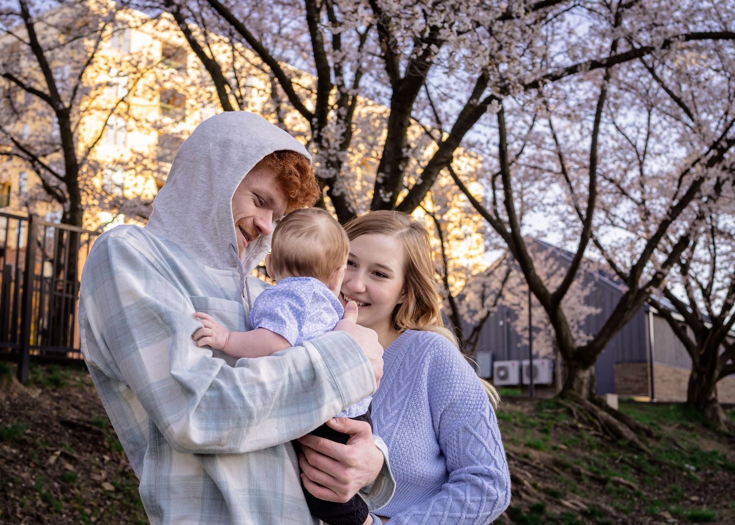 Mother and teen hold smiling baby under blooming cherry blossom trees at sunset.