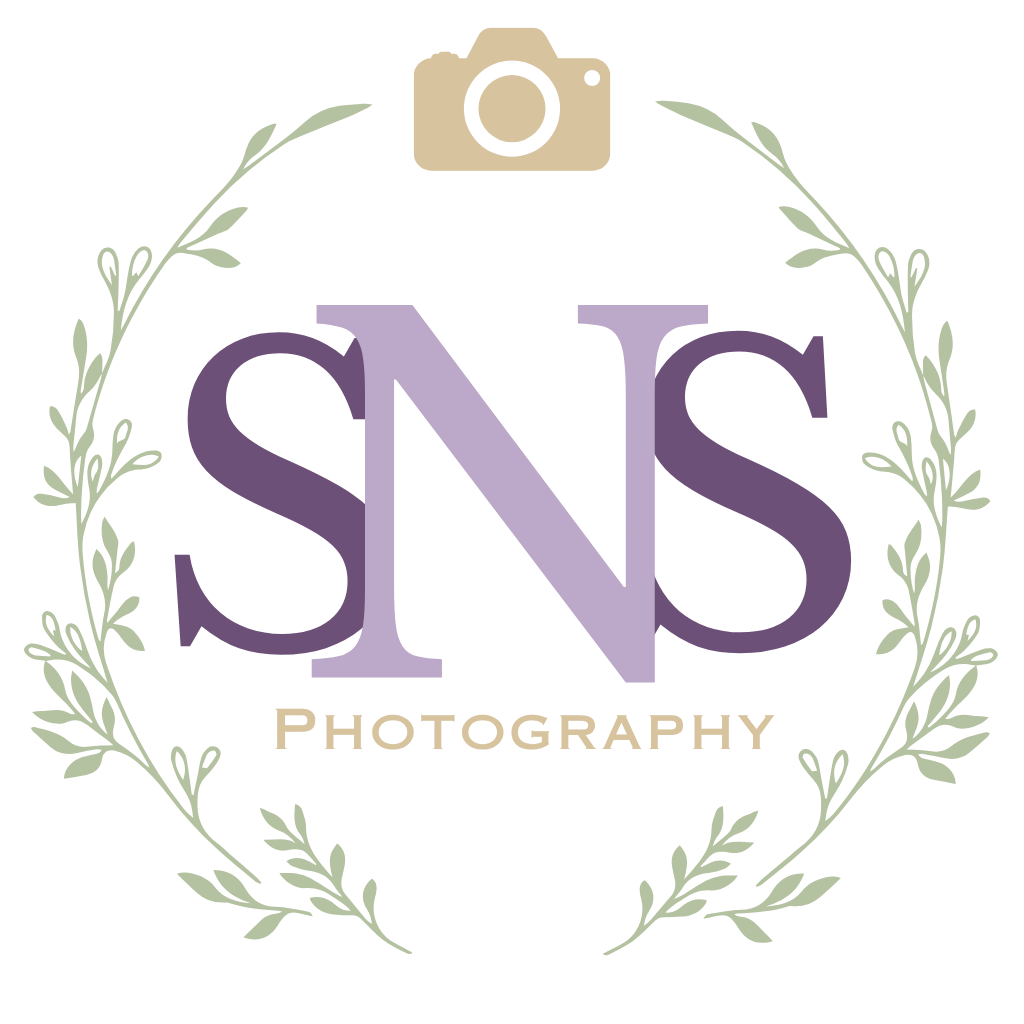 SNS Photography logo with camera icon, purple lettering, and green floral wreath design.