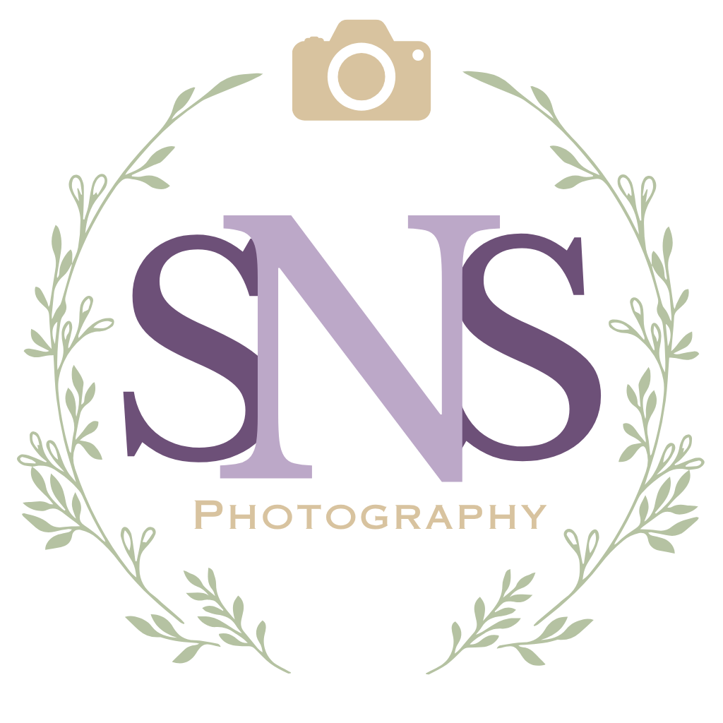 SNS Photography logo with purple monogram letters, camera icon, and green floral wreath design.