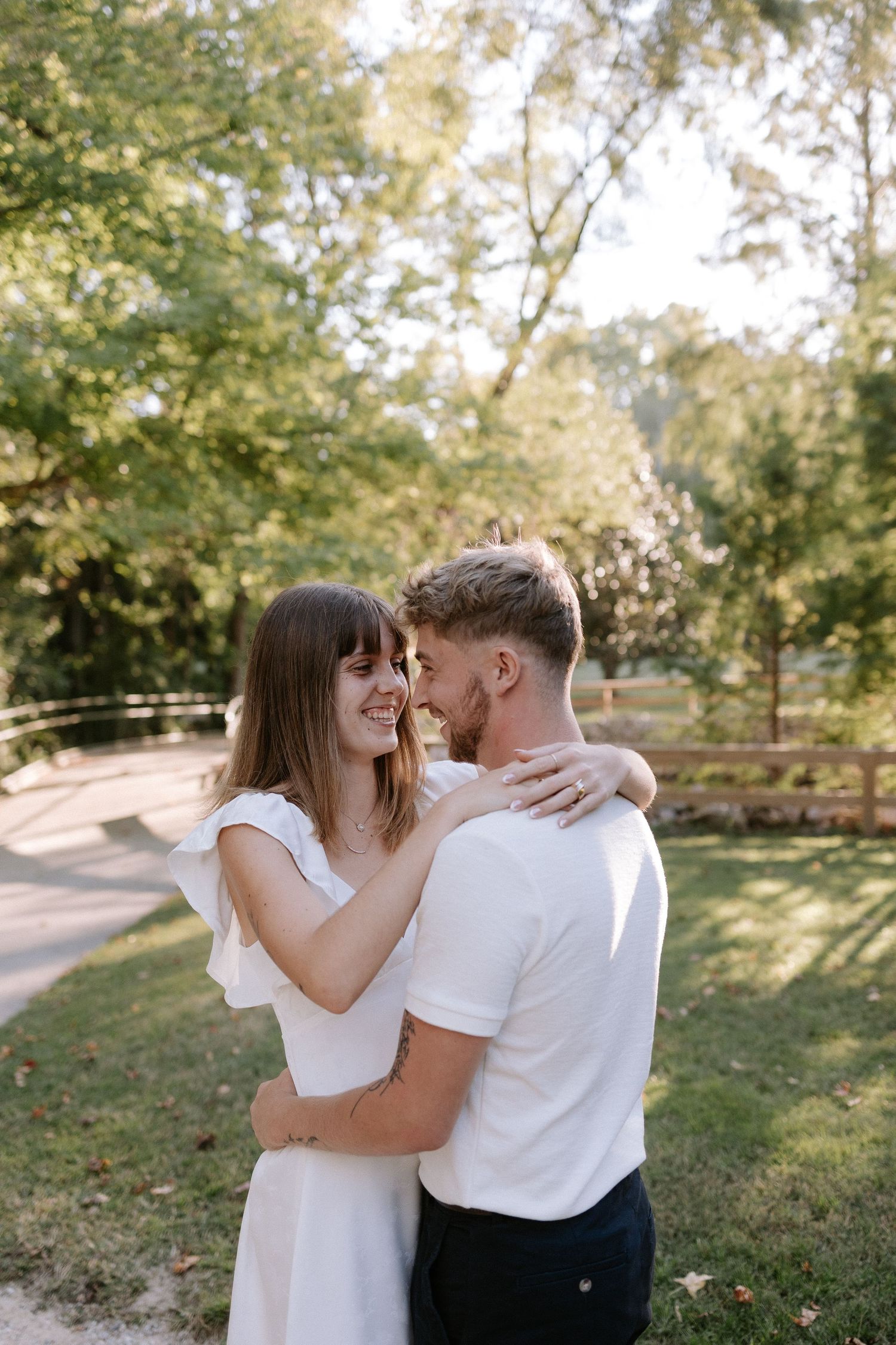 Couple embracing during a romantic elopement session in Kiesel Park, Alabama with candid storytelling photography
