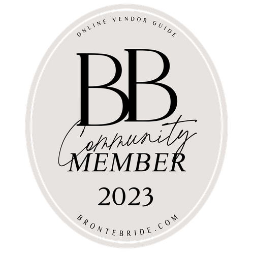 BB Community Member 2023 badge from BronteBride.com online vendor guide, oval shaped with elegant typography.