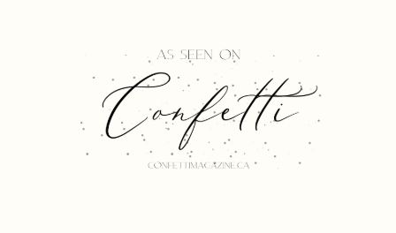 As seen on Confetti wedding blog logo badge in elegant script font on cream background.