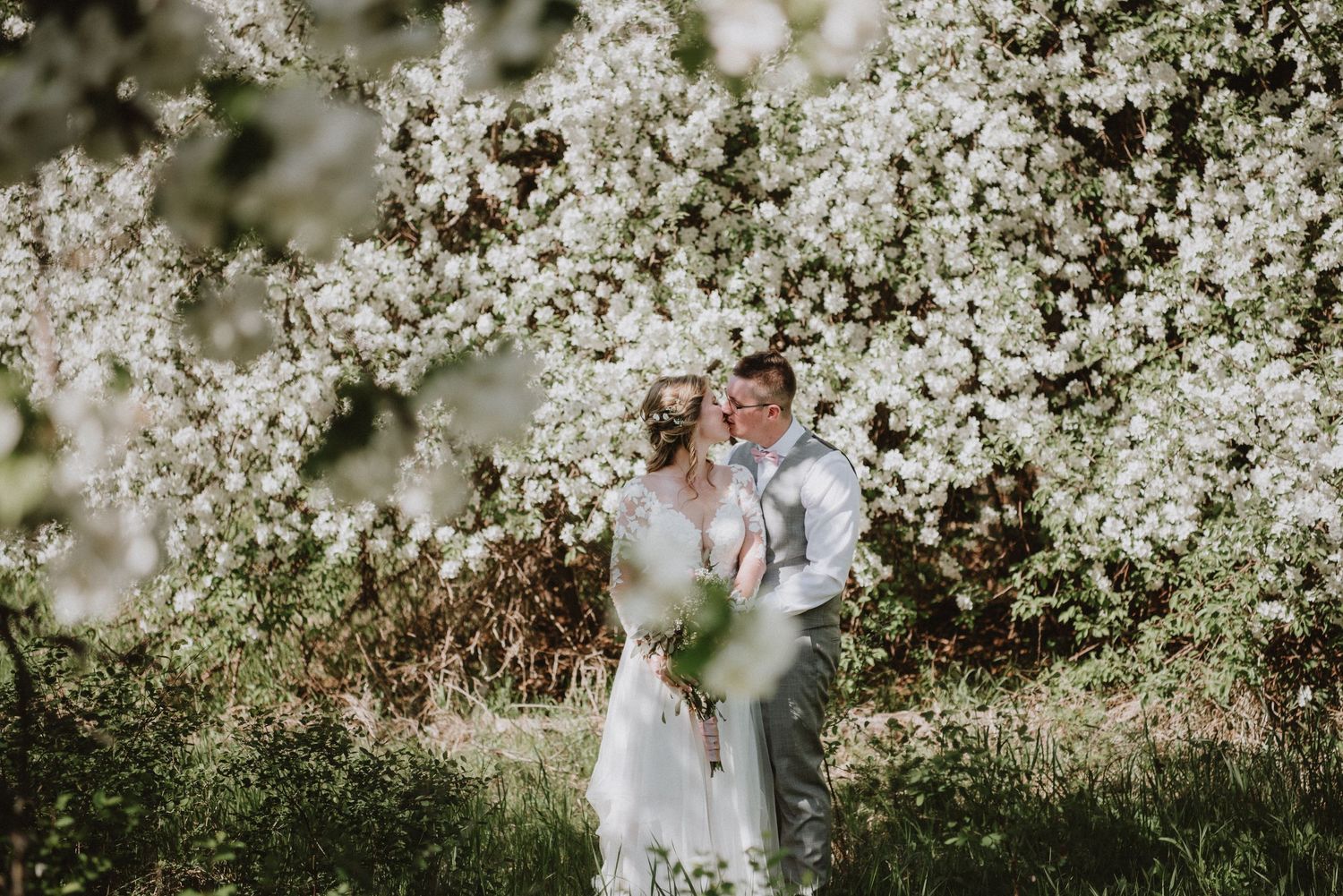 Bride and groom share romantic moment under blooming white cherry blossom trees in a lush garden setting.