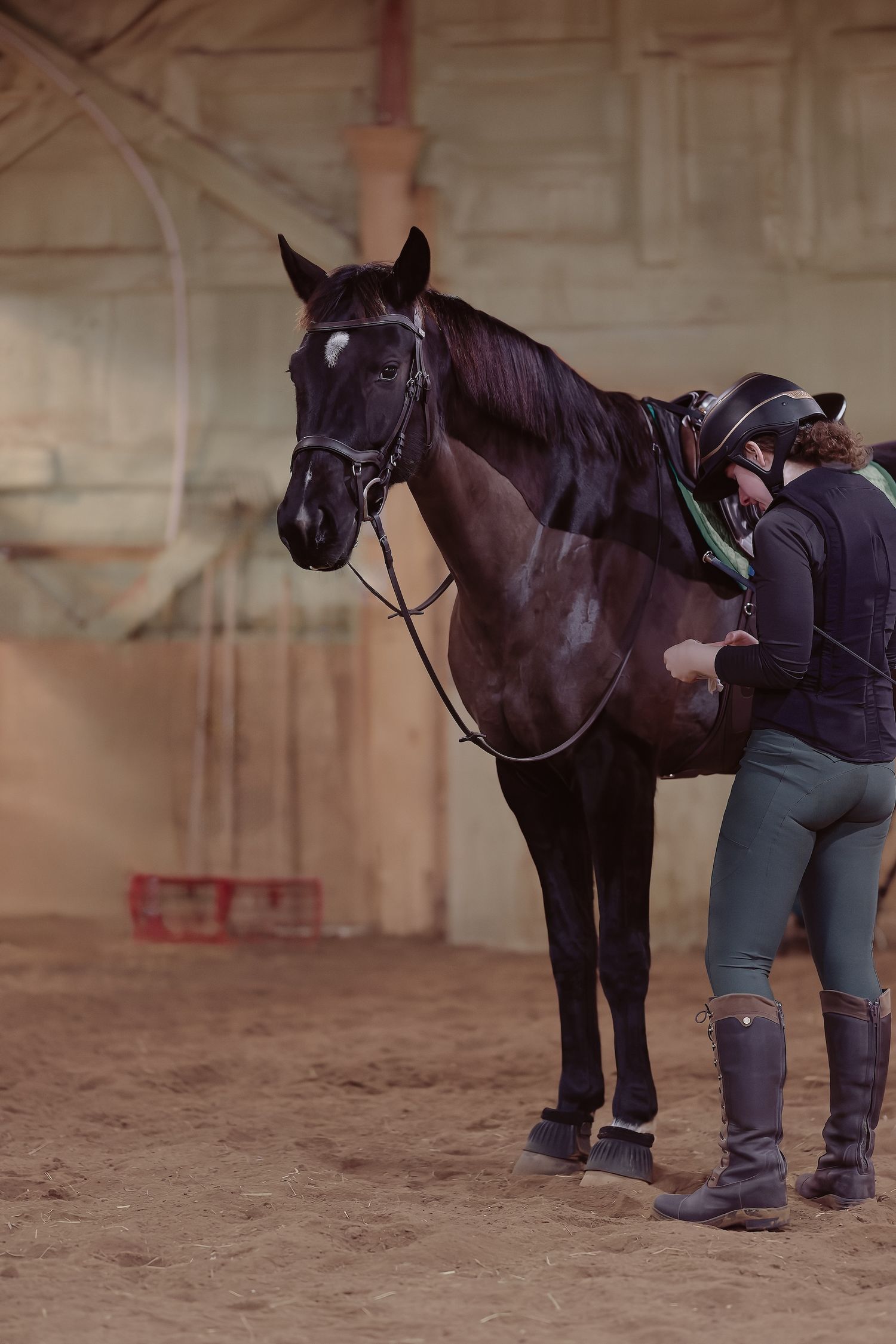 Rider in helmet and boots standing beside dark bay horse in indoor arena.