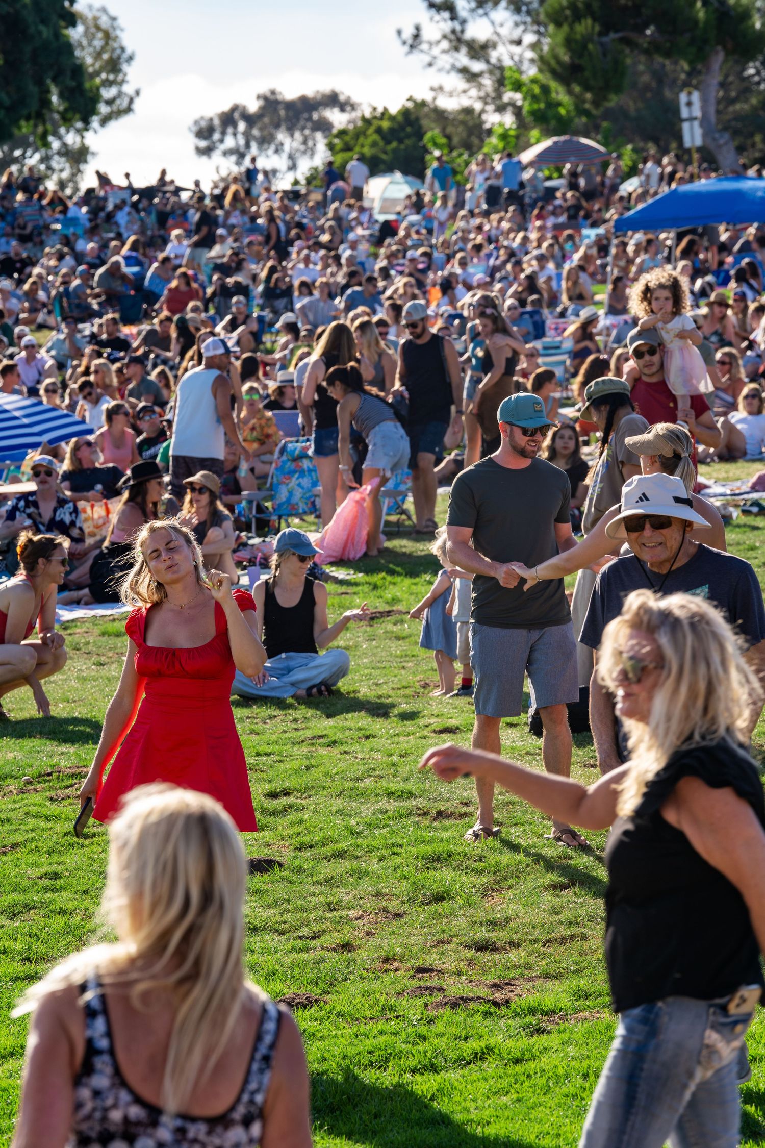 Large crowd of people enjoying an outdoor concert on a sunny day at a grassy hillside venue.
