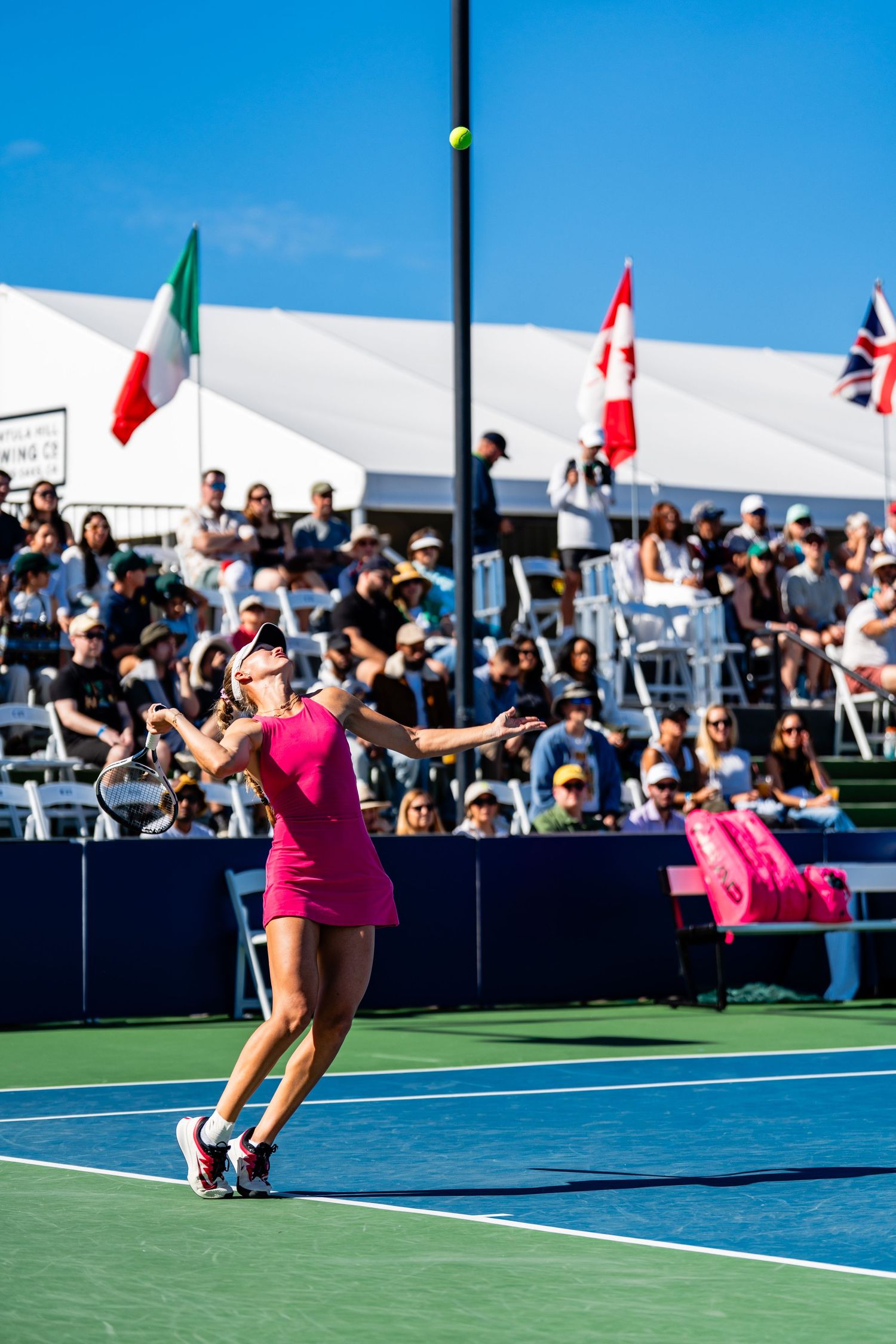 Female tennis player in pink dress serves ball before crowd with international flags at San Diego Open.