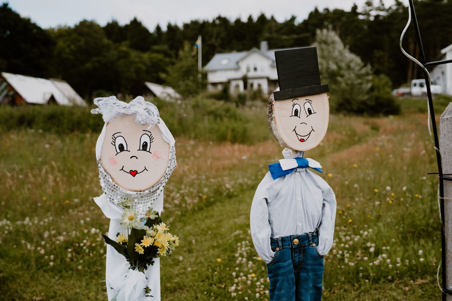 Whimsical scarecrows dressed in rustic clothing stand in a grassy field dotted with white wildflowers.