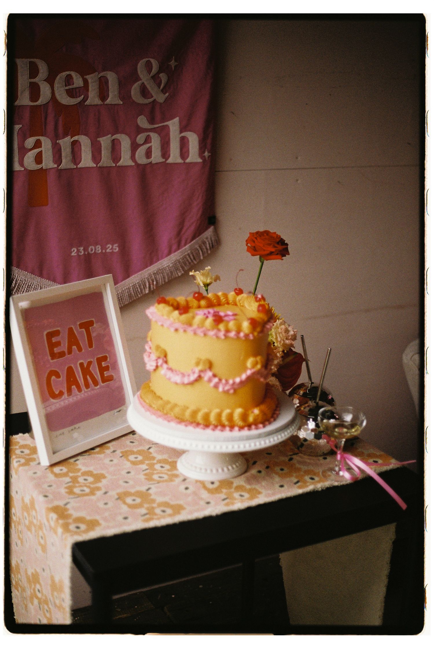 Four vintage-style photos showing a decorated pink and orange birthday cake displayed on a white cake stand at a party.