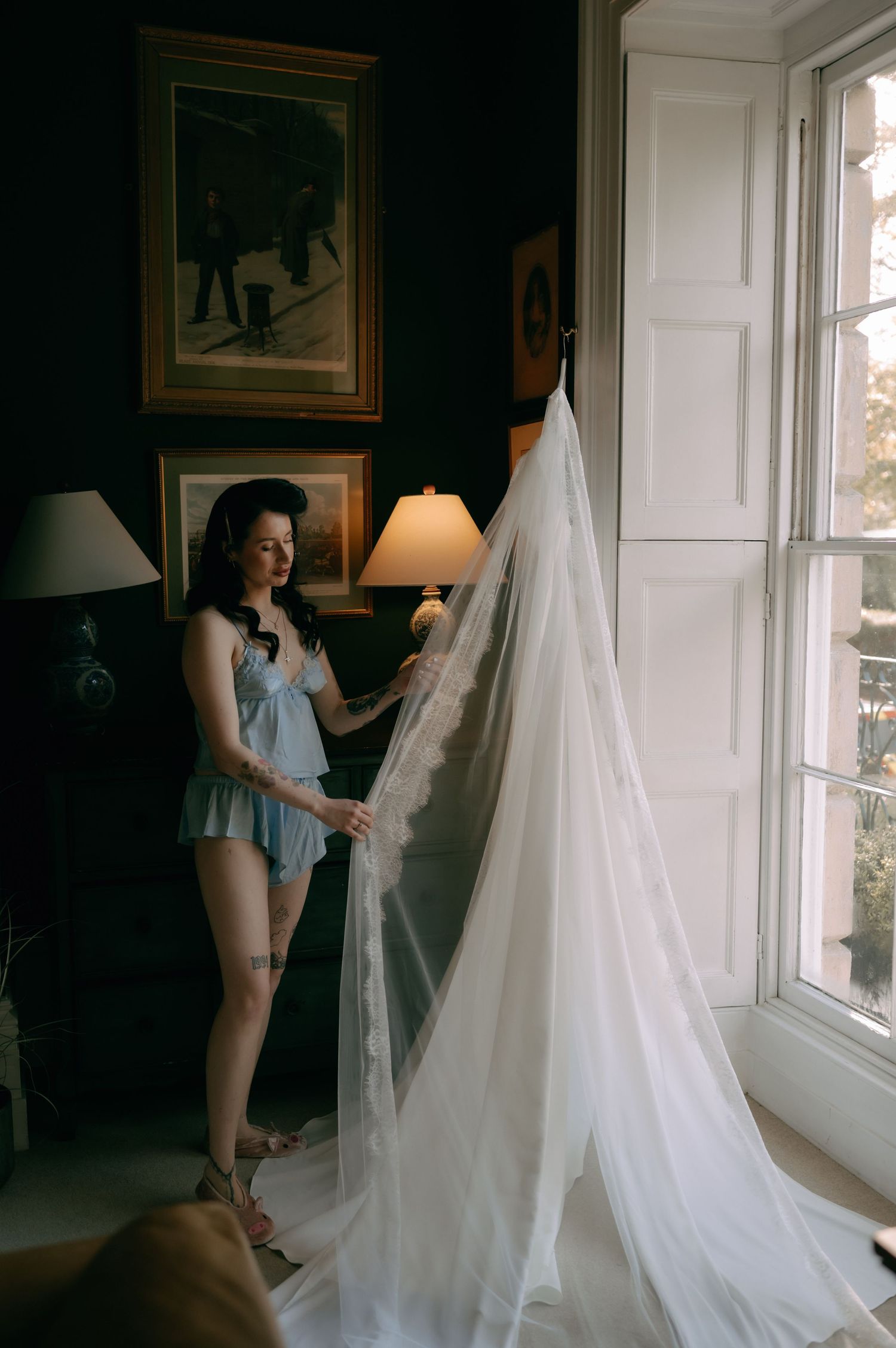 A series of artistic boudoir photographs showing flowing white fabric near a sunlit window.