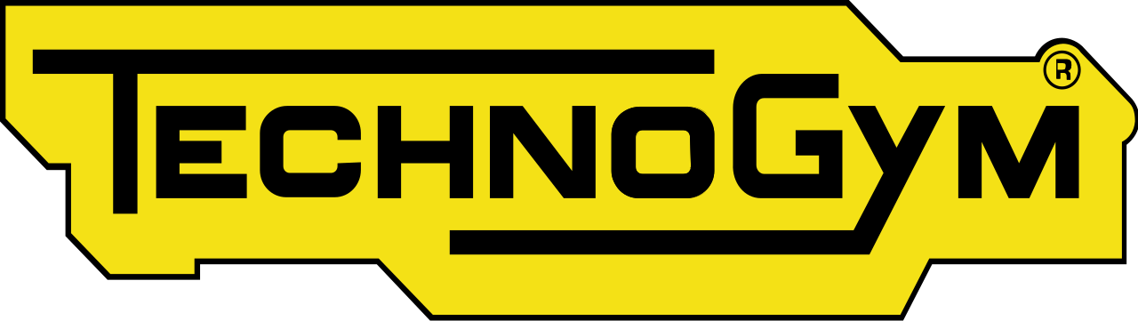 Technogym logo in bold black text on a bright yellow background with a distinctive angular shape.