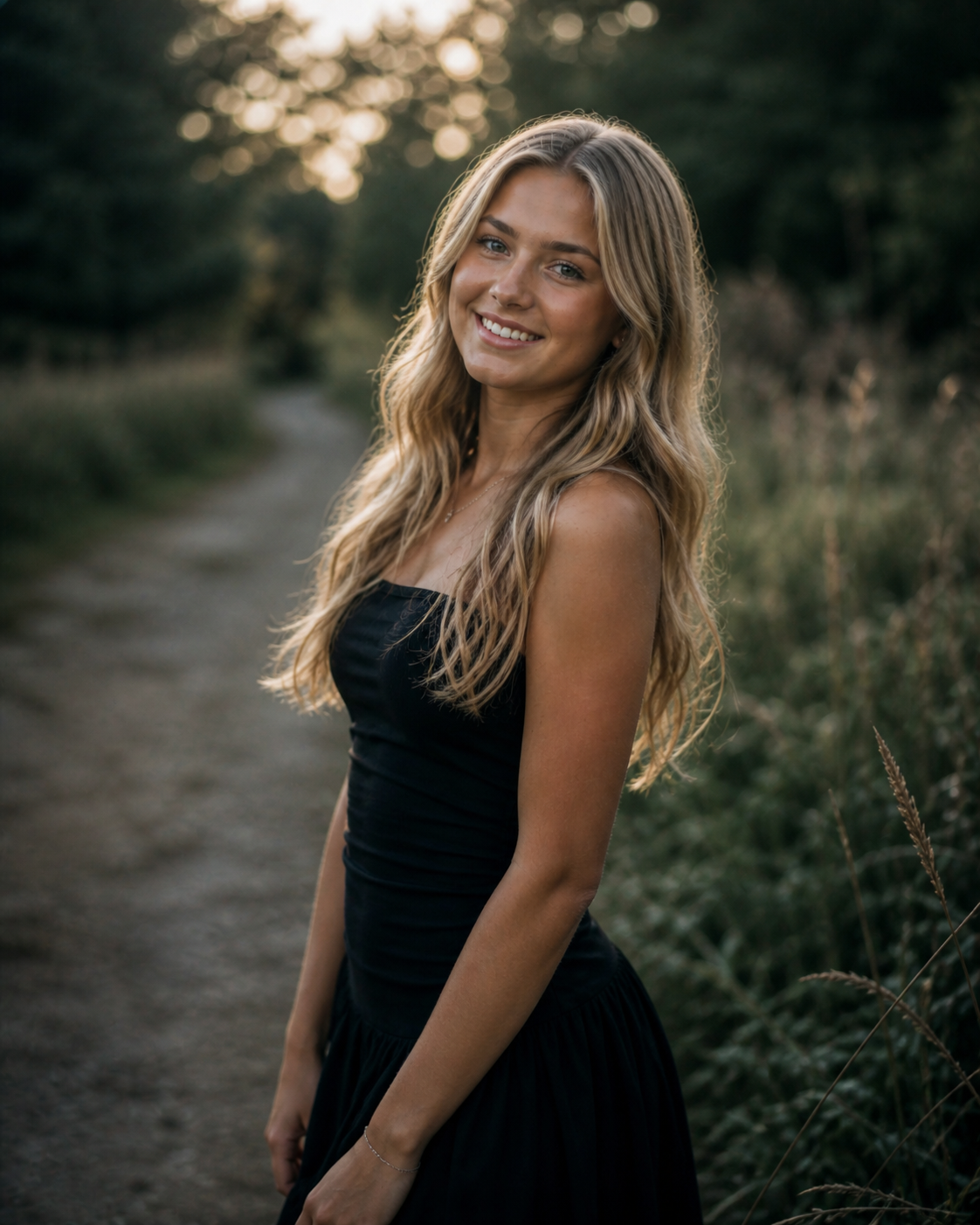 Young woman with long blonde hair smiling in a black strapless dress on a nature trail at golden hour.