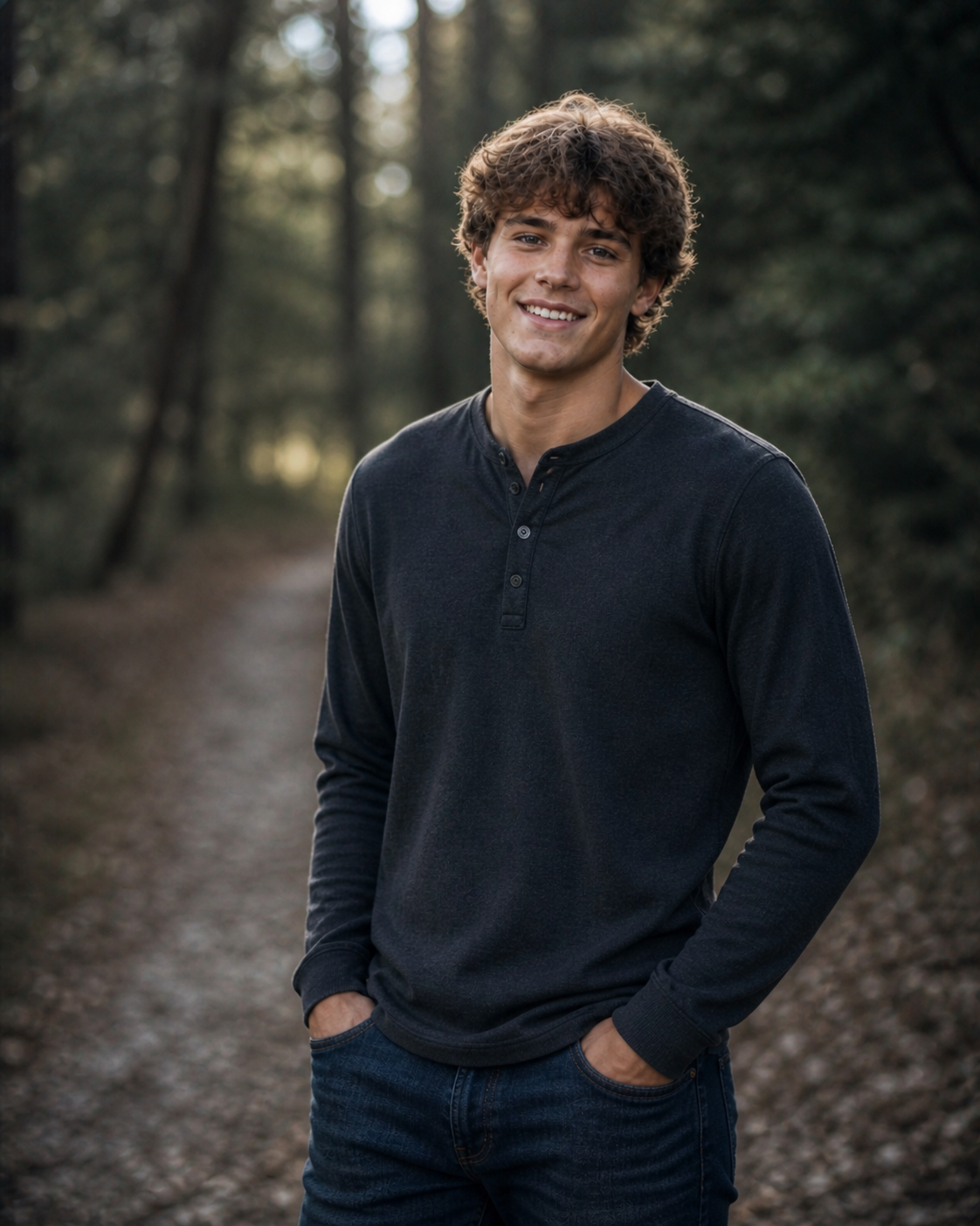 A smiling teenage boy in a dark henley shirt poses on a forest path for senior portraits.
