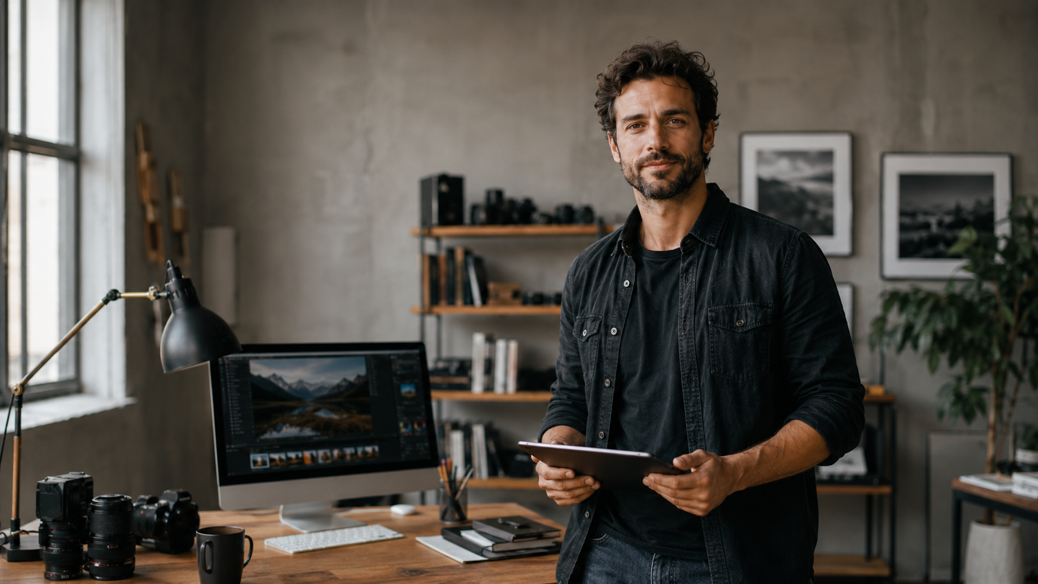 Professional male photographer standing in modern studio holding tablet with camera equipment on desk.