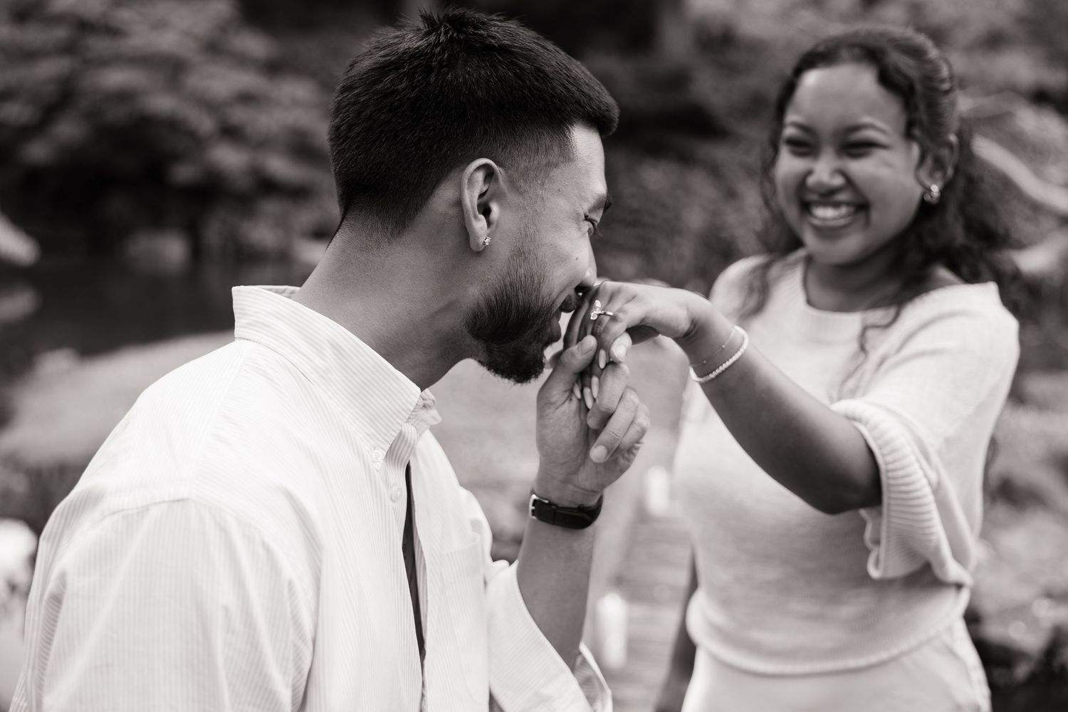 Romantic engagement session at Shofuso Japanese Garden in Philadelphia featuring serene landscapes, cherry blossoms, and soft natural light.