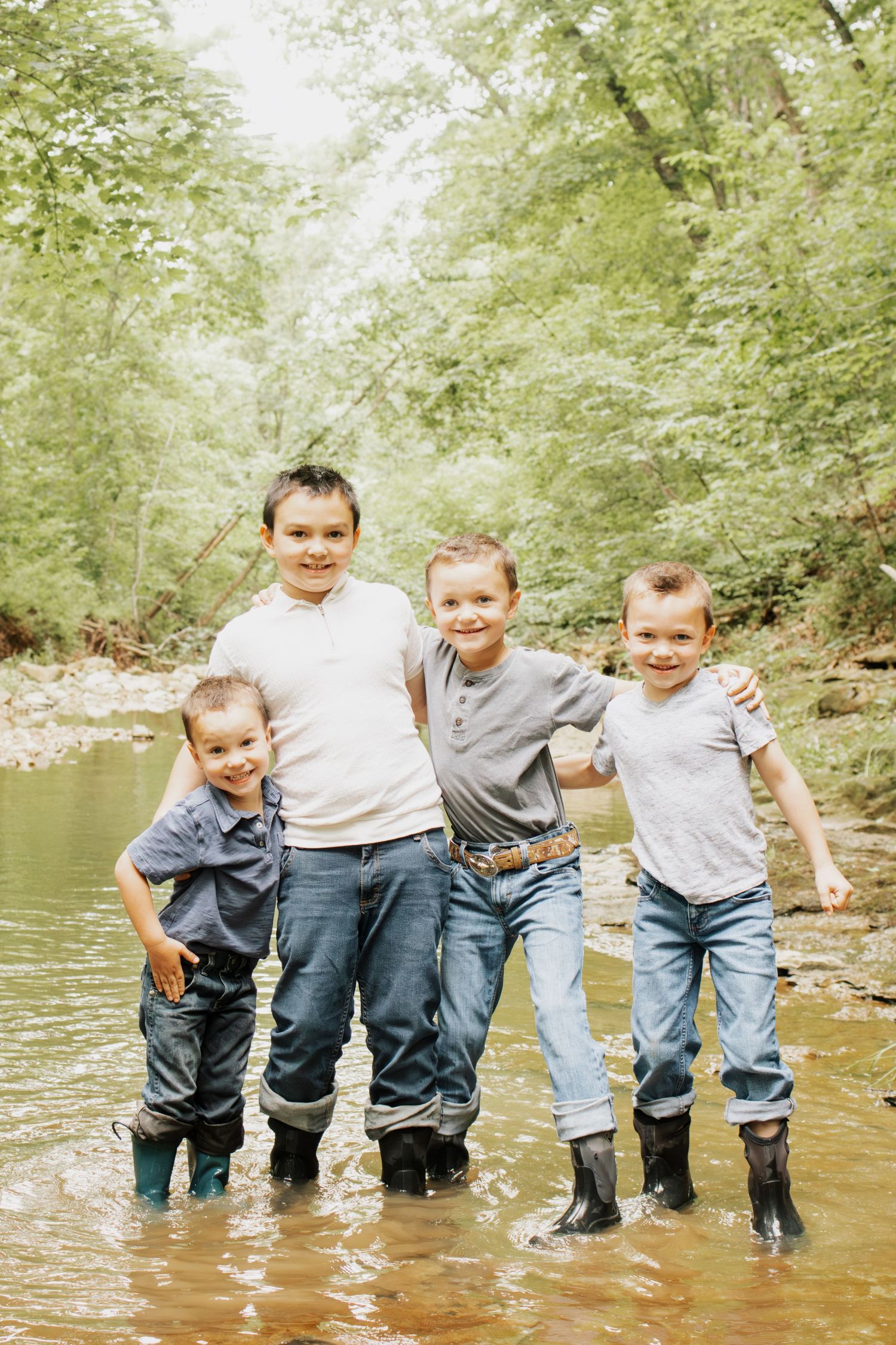 4 four brothers during a creek session in Troy, MO