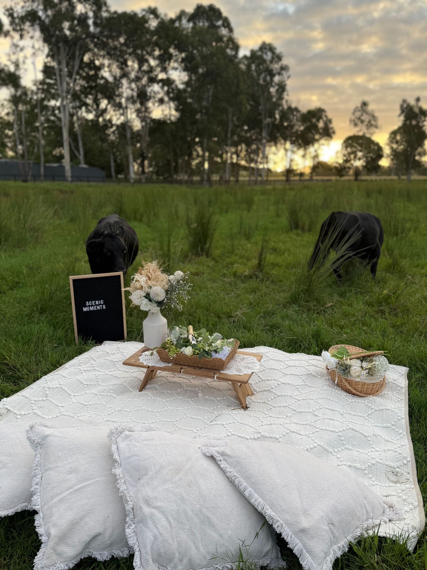 Romantic picnic setup on white lace blanket with wooden tray, flowers in vase and candles at sunset in grassy field.