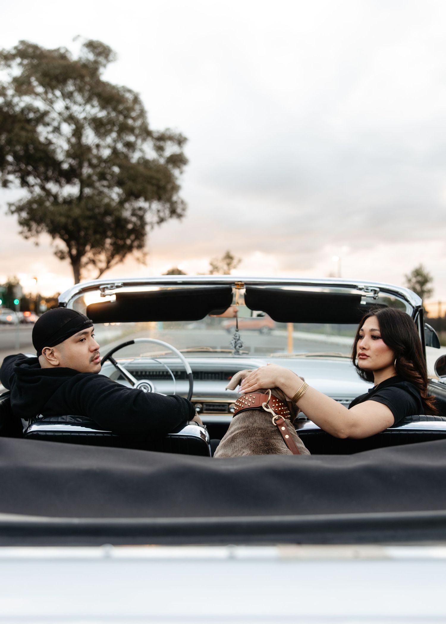 Man and Woman with a dog in a classic car with no roof.