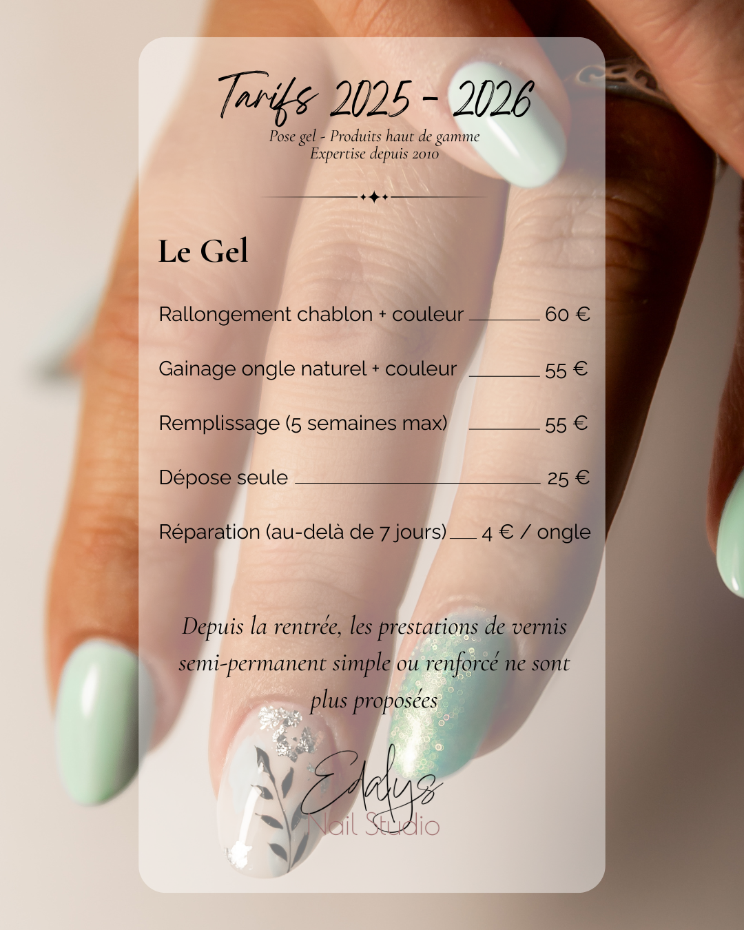 Nail salon price list showing service costs for gel manicures and treatments in French text.