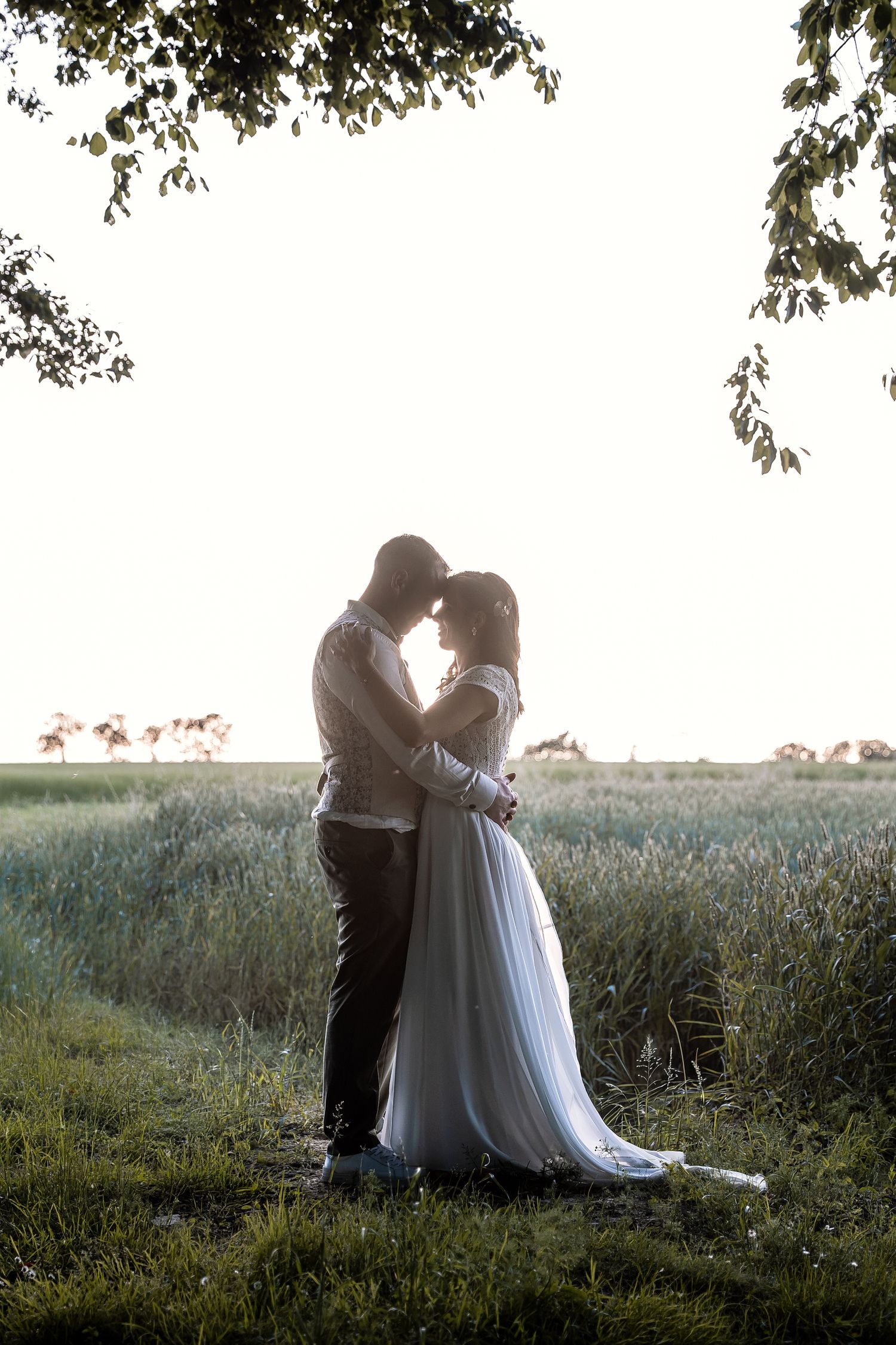 Romantic bride and groom embracing in a sunlit field, surrounded by lush greenery and trees during golden hour.