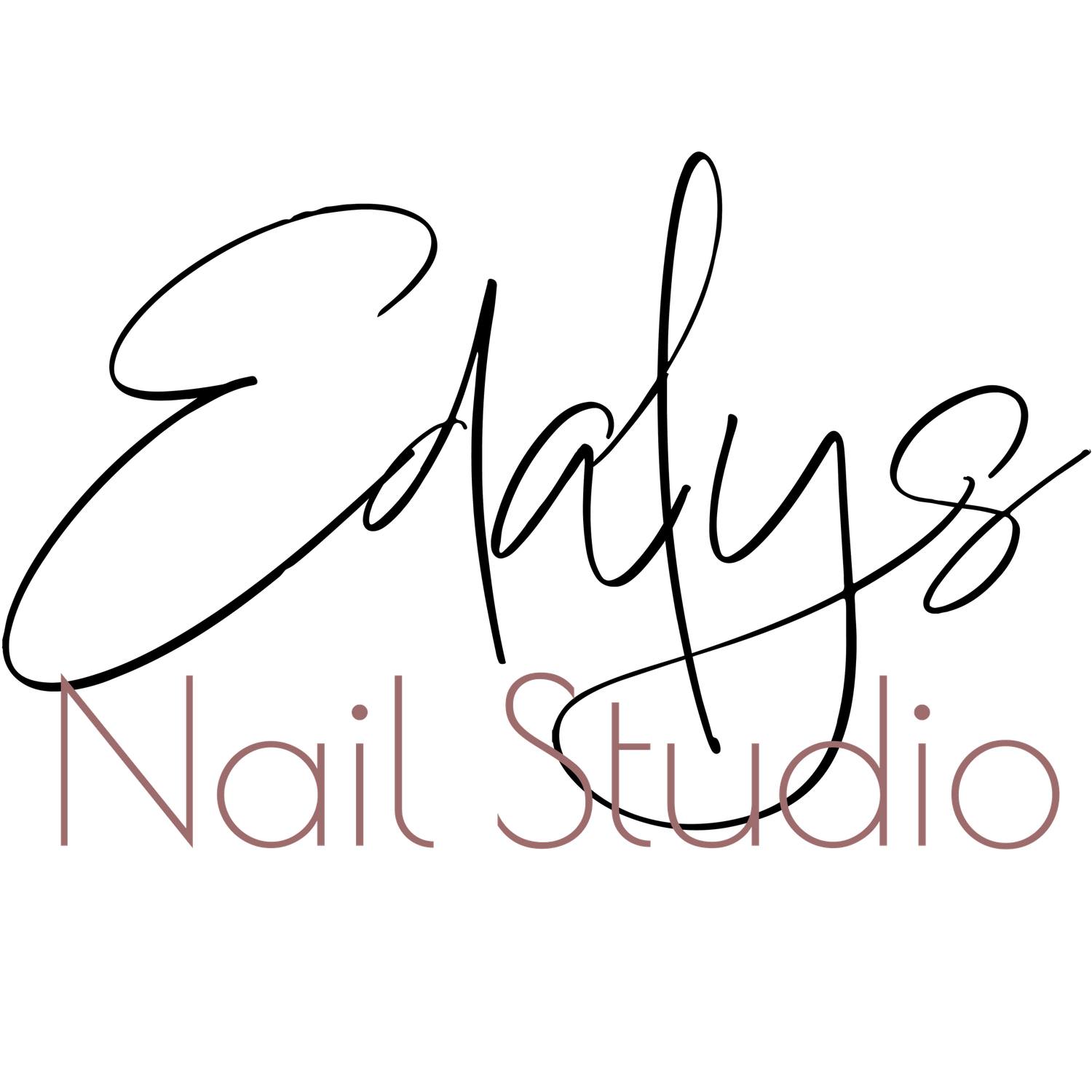 Black and white handwritten cursive text in Japanese style calligraphy spelling out 'nail studio' against white background.